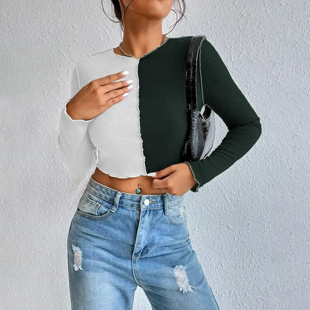 ZARA Exposed Stitching Cropped Colorblock Waffle Knit Long Sleeve Tee